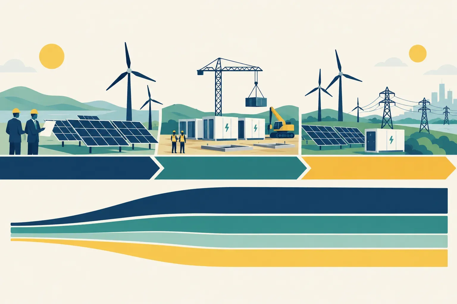 Illustration of solar, wind, storage and grid assets progressing from development through construction to operation