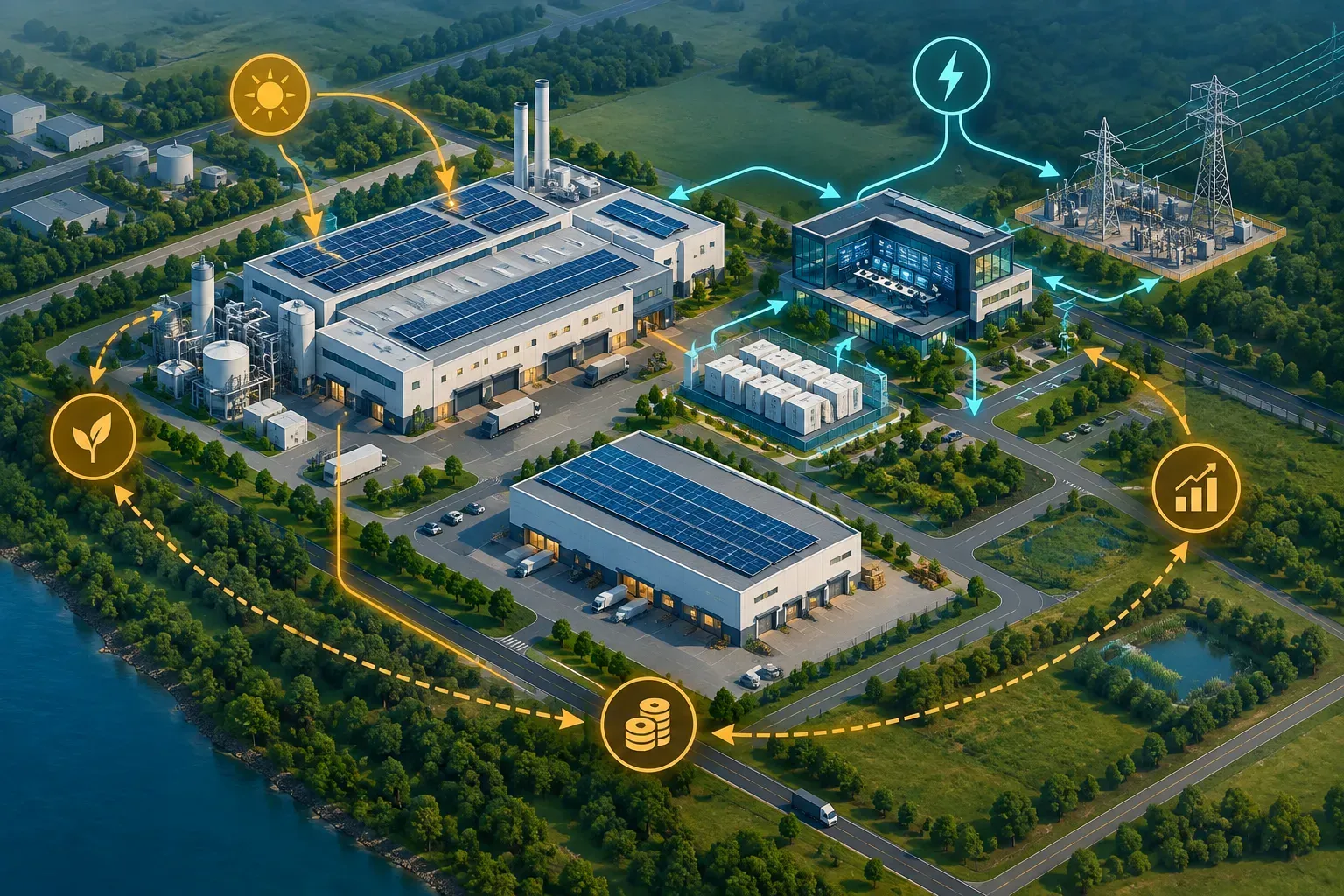 Illustration of an industrial campus with solar, storage, grid connection, and coordinated capital decisions