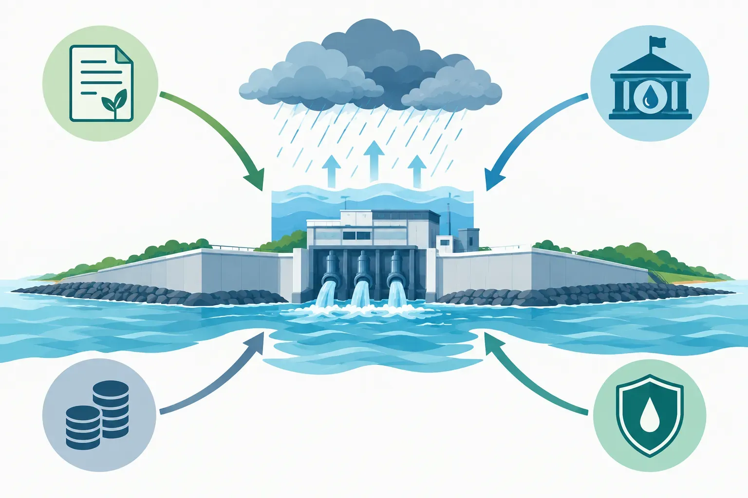 Illustration of a coastal pump station protected by a flood wall, with funding and insurance flows around the asset