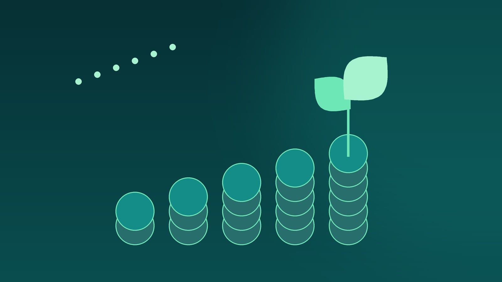 Abstract illustration of rising stacks of coins topped by a green sprout, representing finance for renewable energy and efficiency