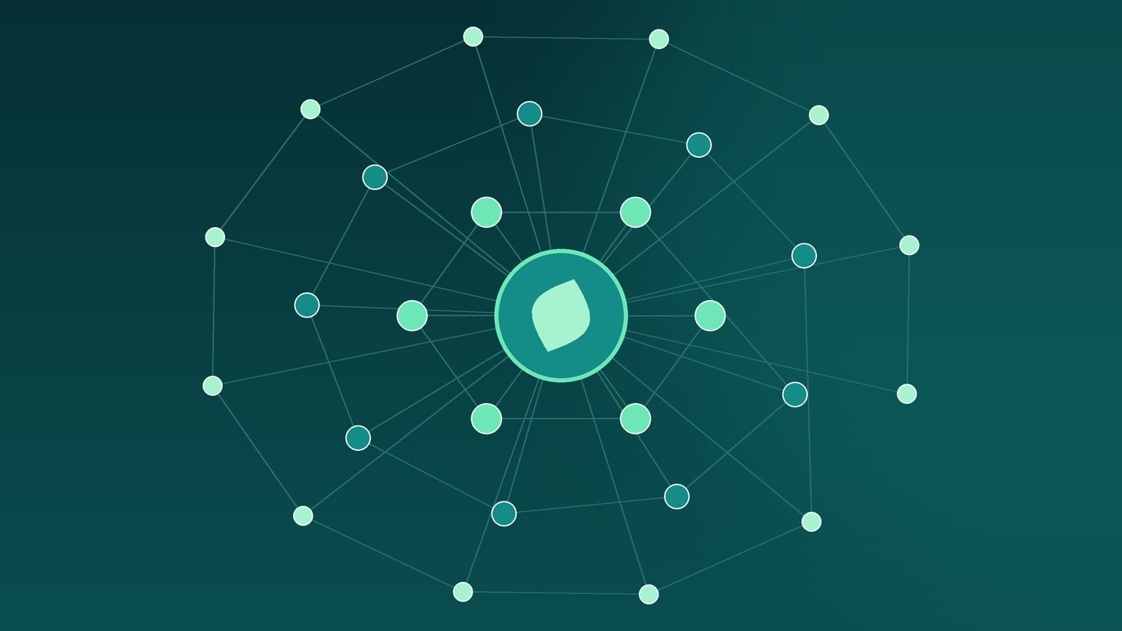 Abstract network of connected nodes around a central leaf, representing trust between a business and its customers, investors and employees