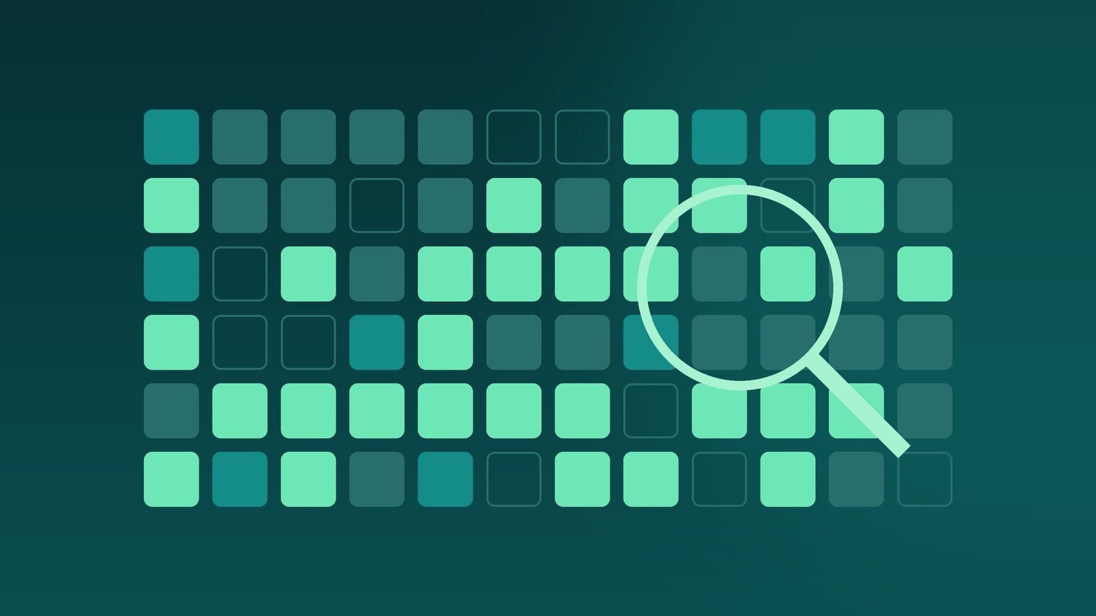 Abstract grid of data tiles with gaps under a magnifying glass, representing limited ESG data availability