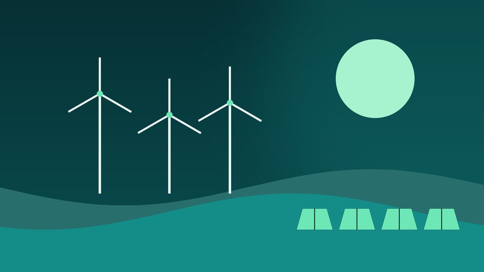 Abstract landscape with wind turbines, solar panels and a sun, representing renewable energy providers