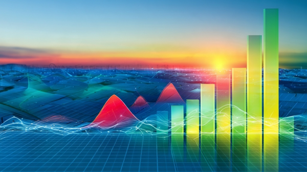 Abstract illustration of rising green bar charts over a landscape at sunrise, suggesting renewable energy investment growth