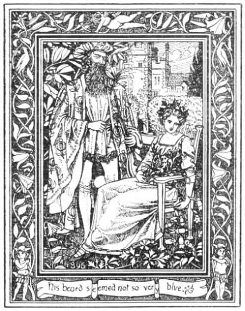 Ink image of Bluebeard and one of his future wives, with a caption on the image that says "his beard seemed not so very blue"