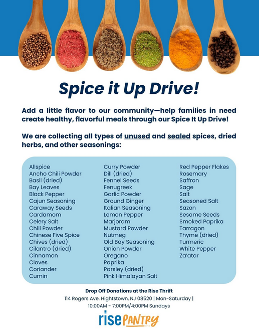 Graphic screenshot from RISE NJ website with an image of several small wooden spoons filled with brightly colored cooking spices. There is a chart detailing dozens of spices, dried herbs, and seasoning mixes that the food pantry will accept.