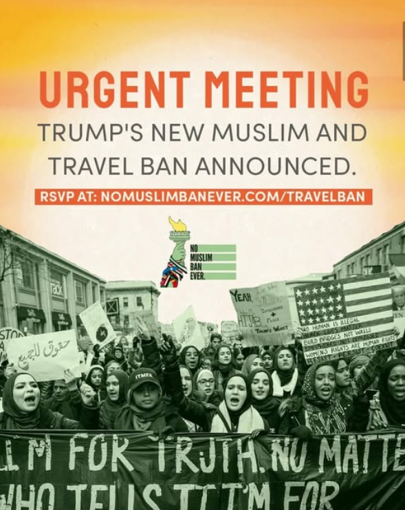 Background photo of Muslims and allies marching with signs and banners raised. Text reads URGENT MEETING: TRUMP'S NEW MUSLIM AND TRAVEL BAN ANNOUNCED with RSVP url. 