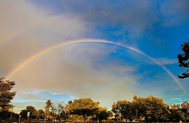 Giant, full rainbow arching across a part-blue part-cloudy sky, above suburban looking trees and signs