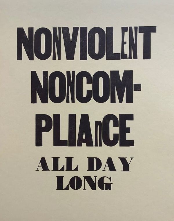 A print that reads NONVIOLENT NONCOMPLIANCE ALL DAY LONG in a mix of fonts and sizes