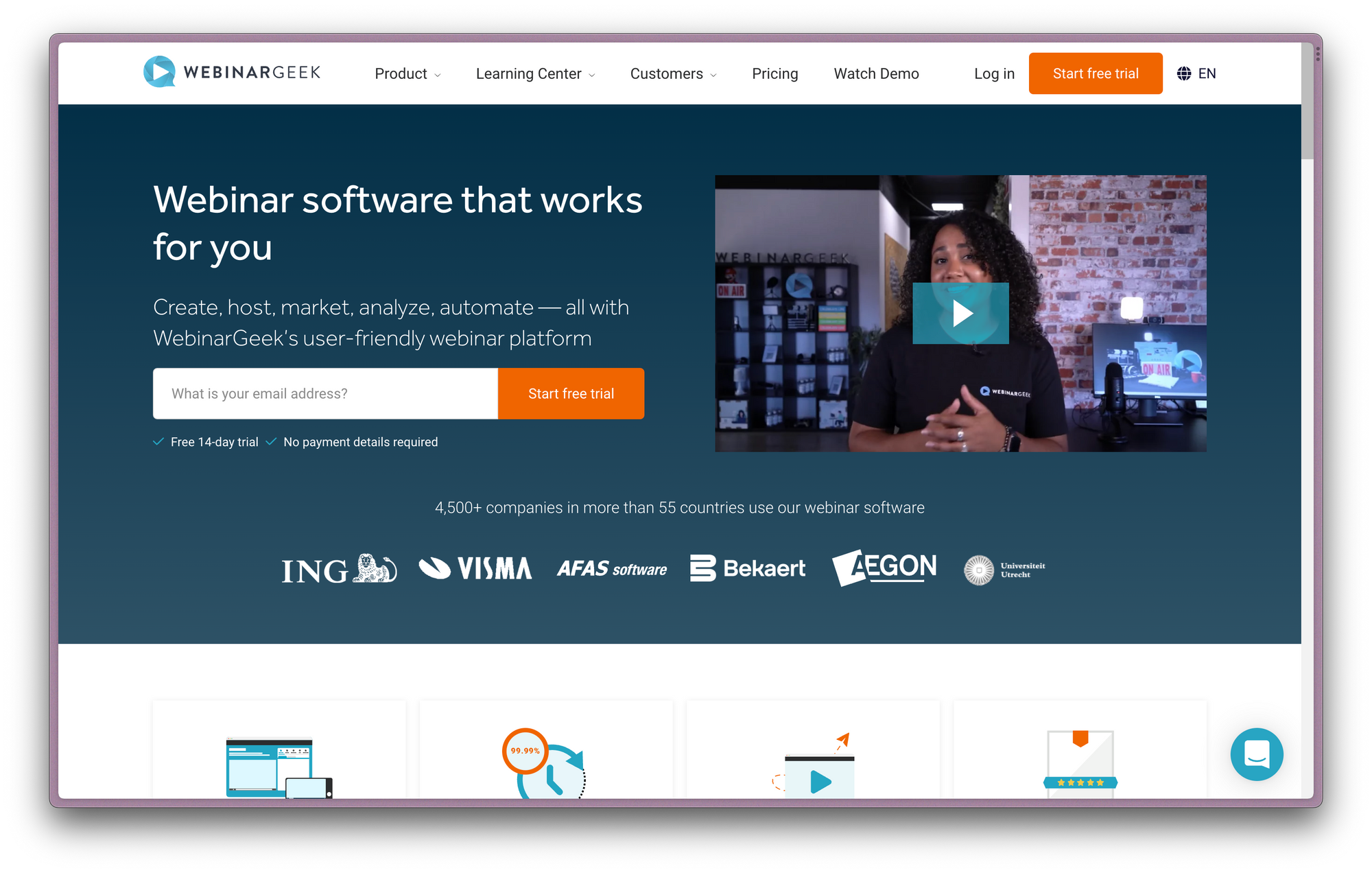 Screenshot of WebinarGeek homepage