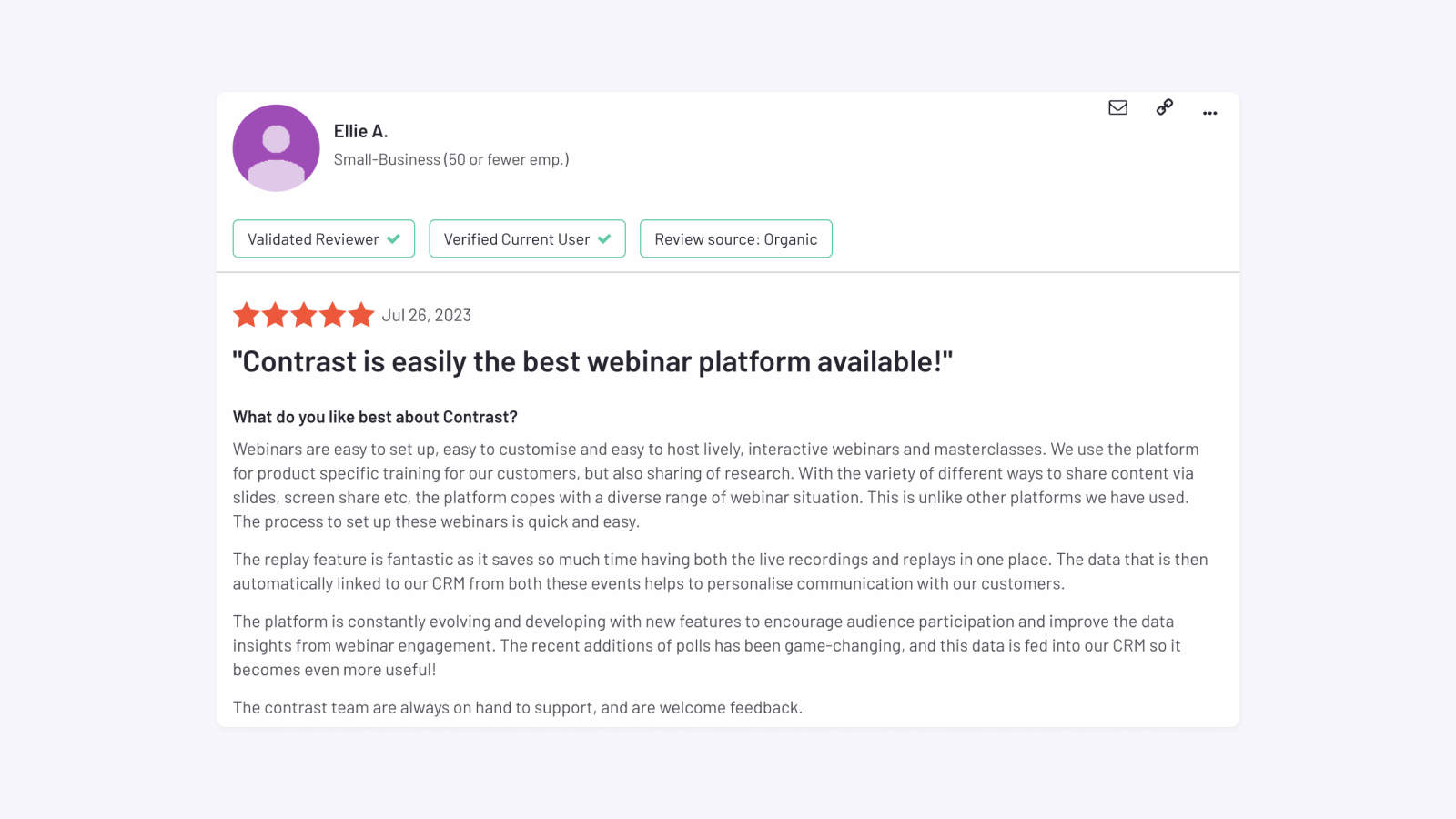 Screenshot of a 5-star testimonial placed on G2