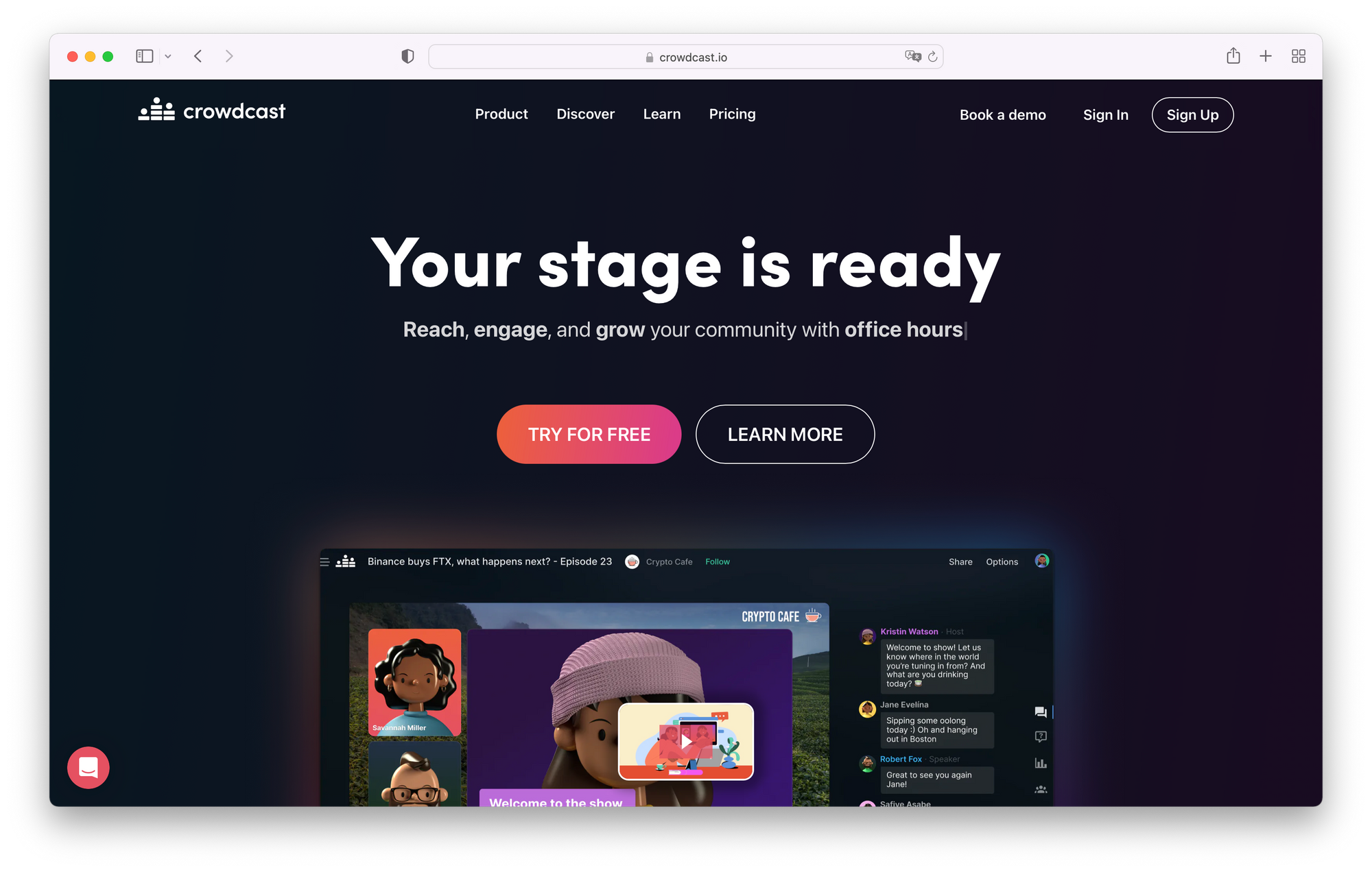 Screenshot of Crowdcast homepage