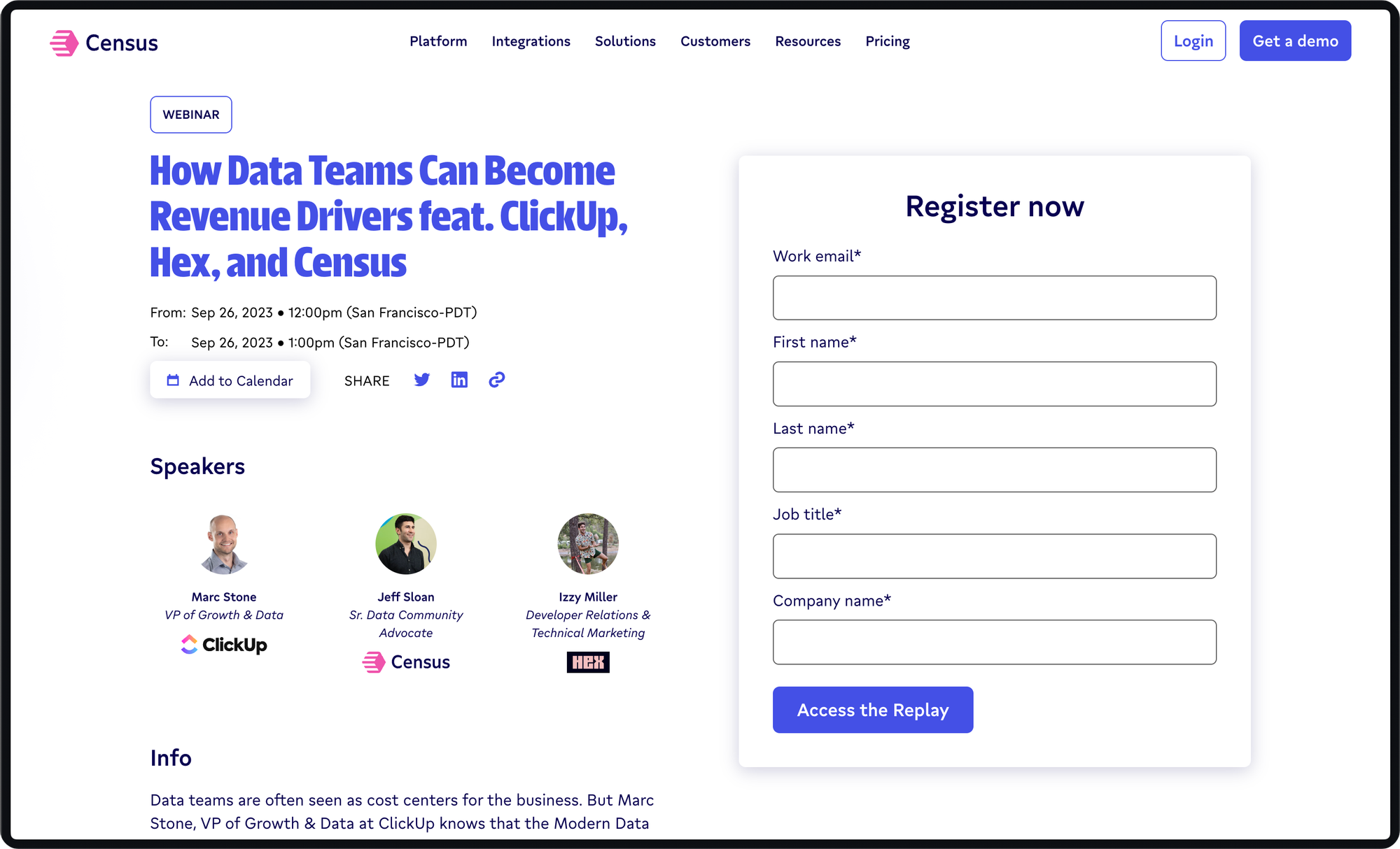 Screenshot of Census webinar landing page