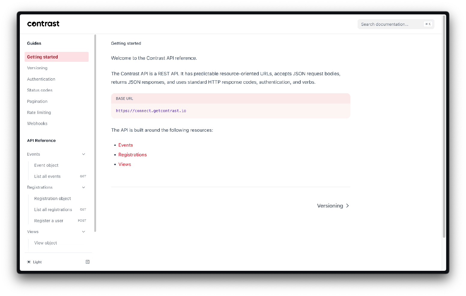 Screenshot of Contrast API Documentation