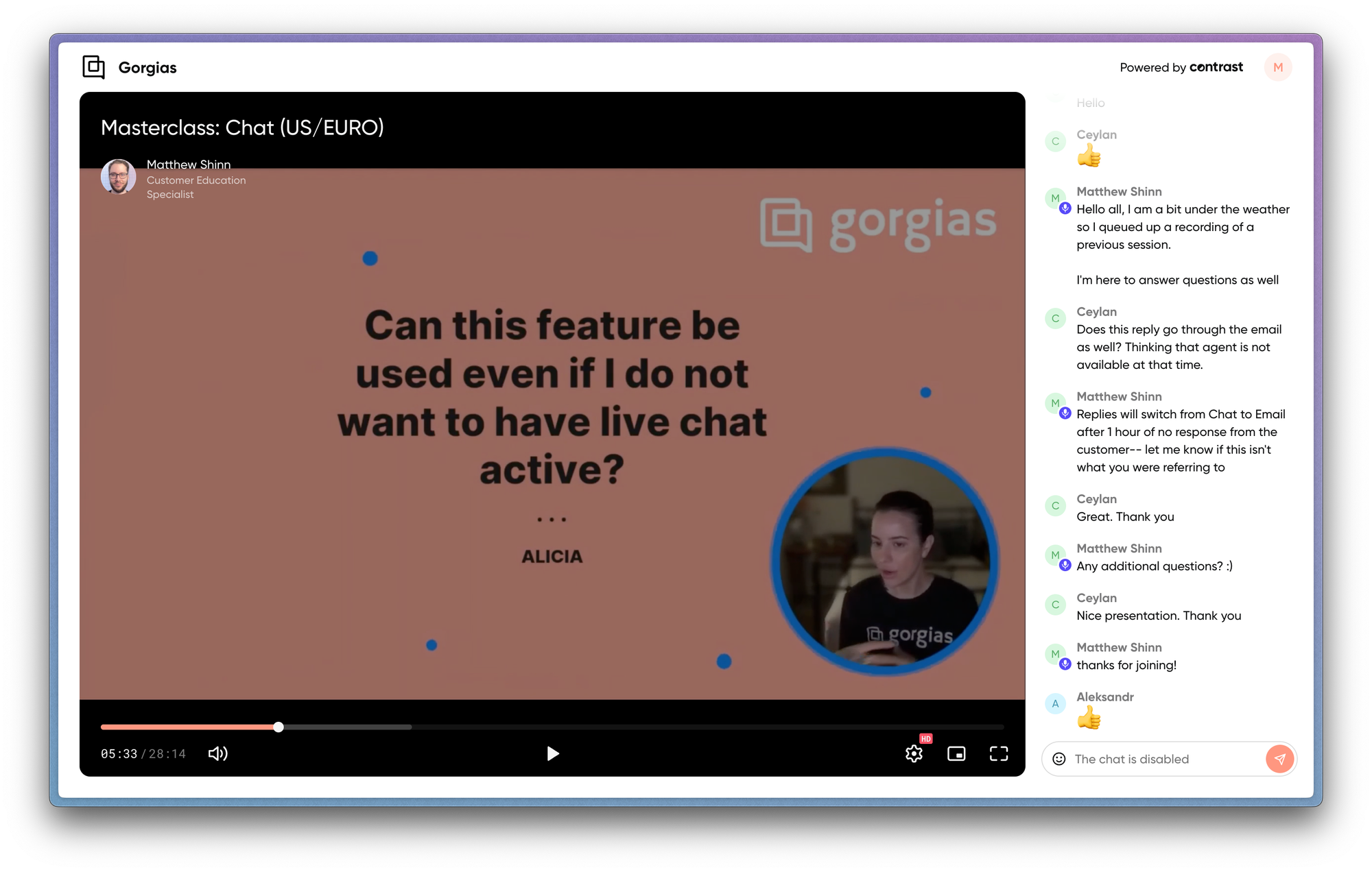 Screenshot of a Gorgias webinar with Amy Elenius