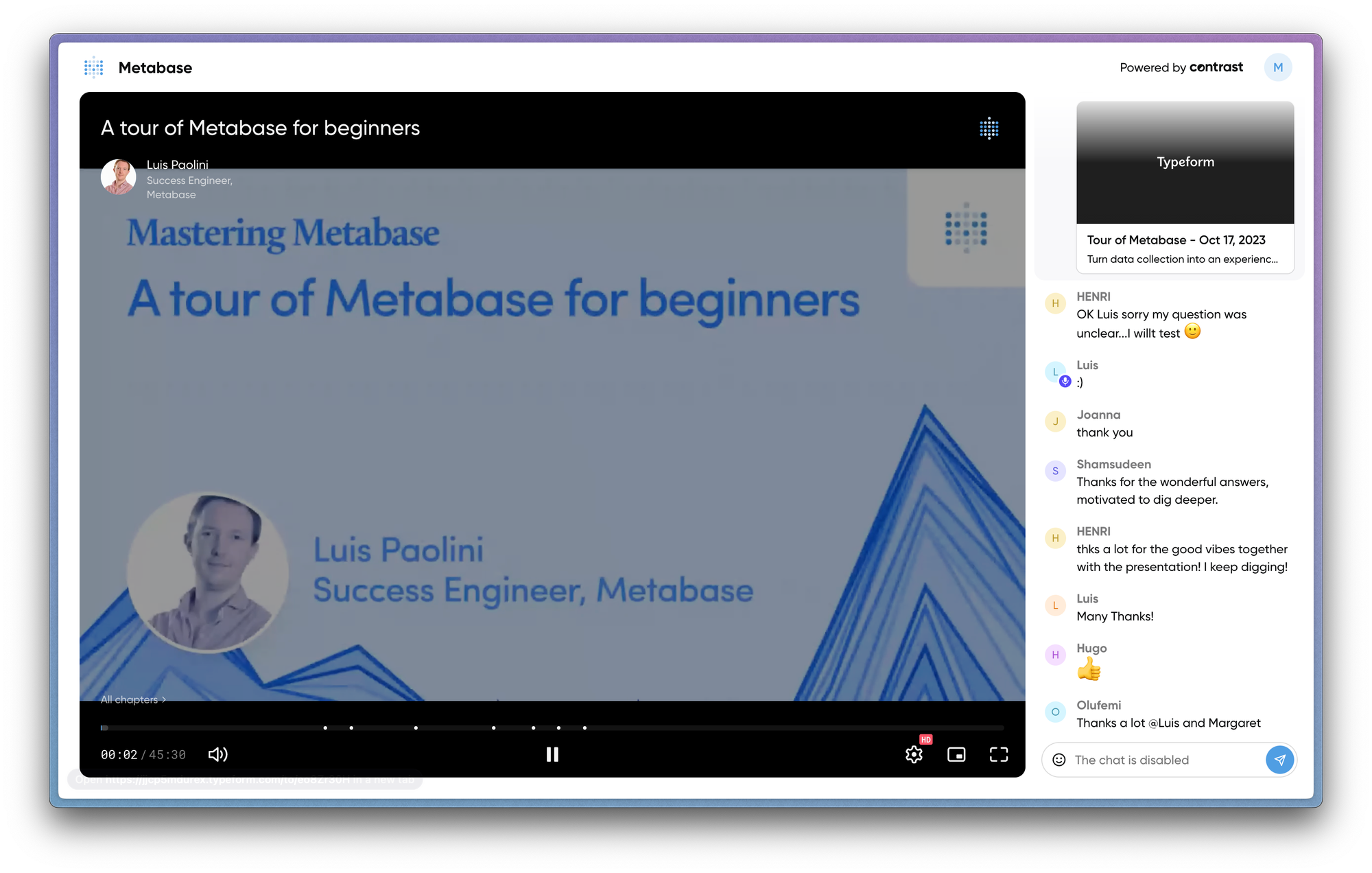 Screenshot of an onboarding webinar from Metabase