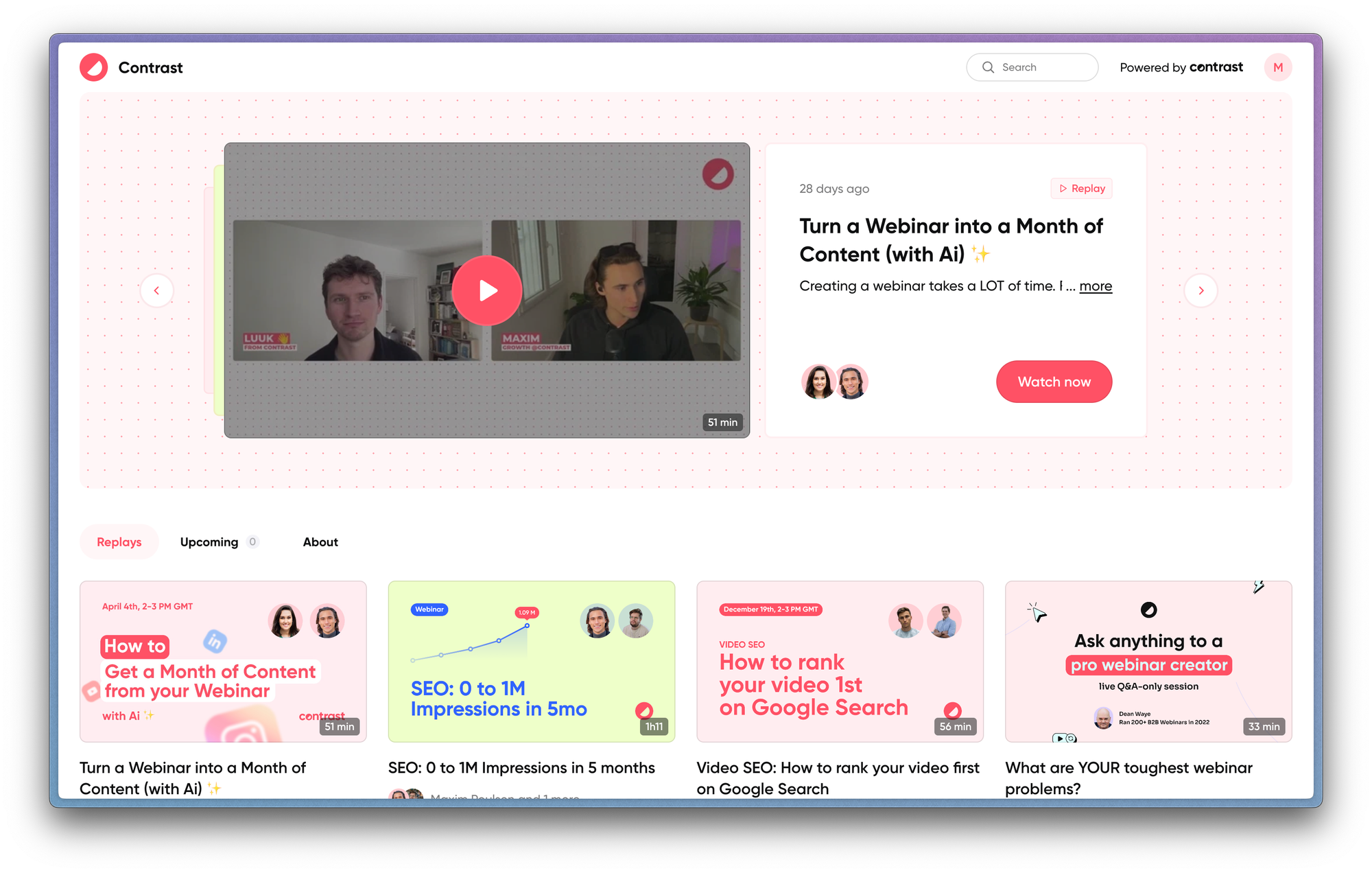 Screenshot of Contrast’s webinar channel