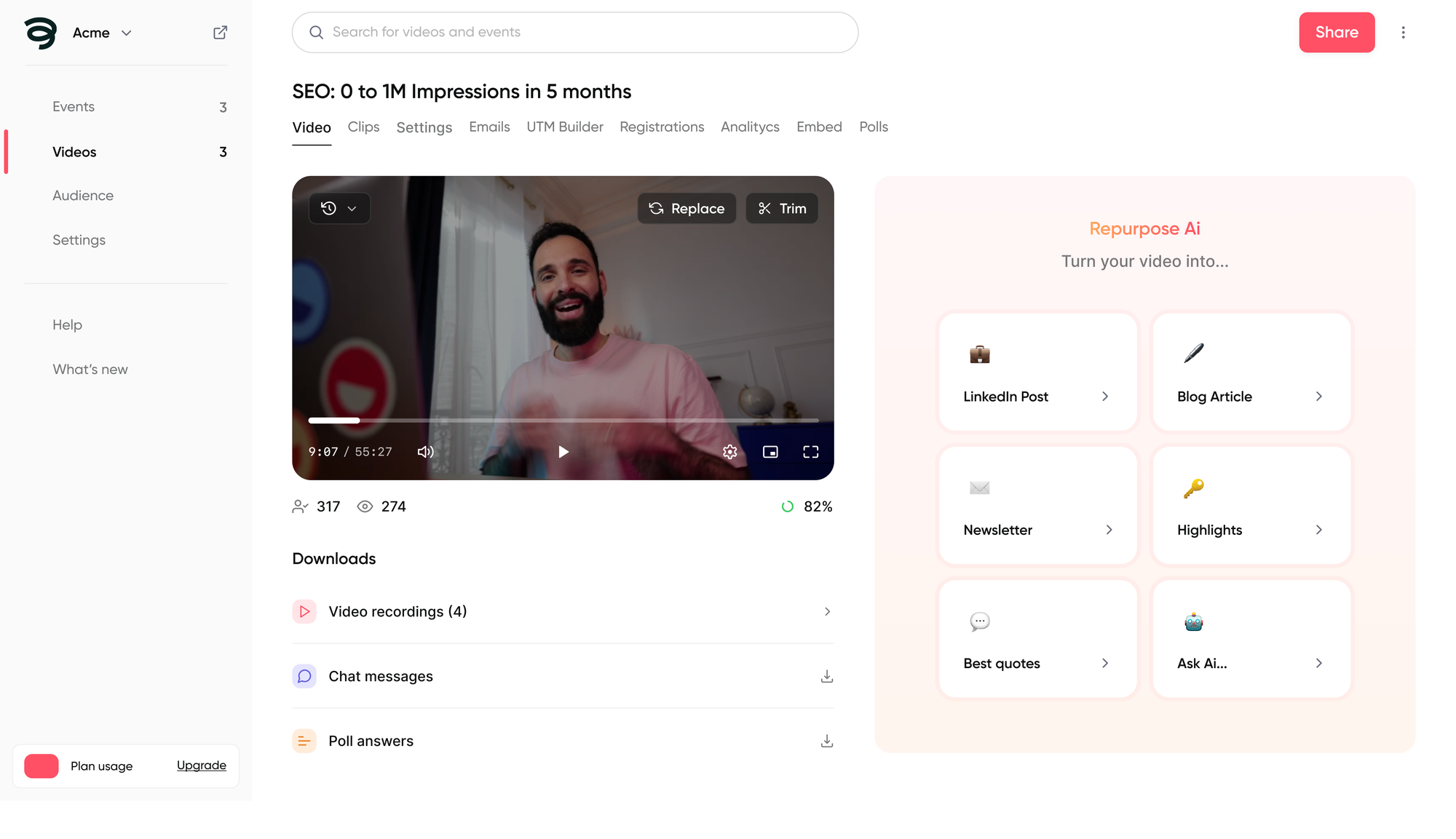 Repurpose AI quickly resuses your webinar content to make blogs, social media posts, and emails.