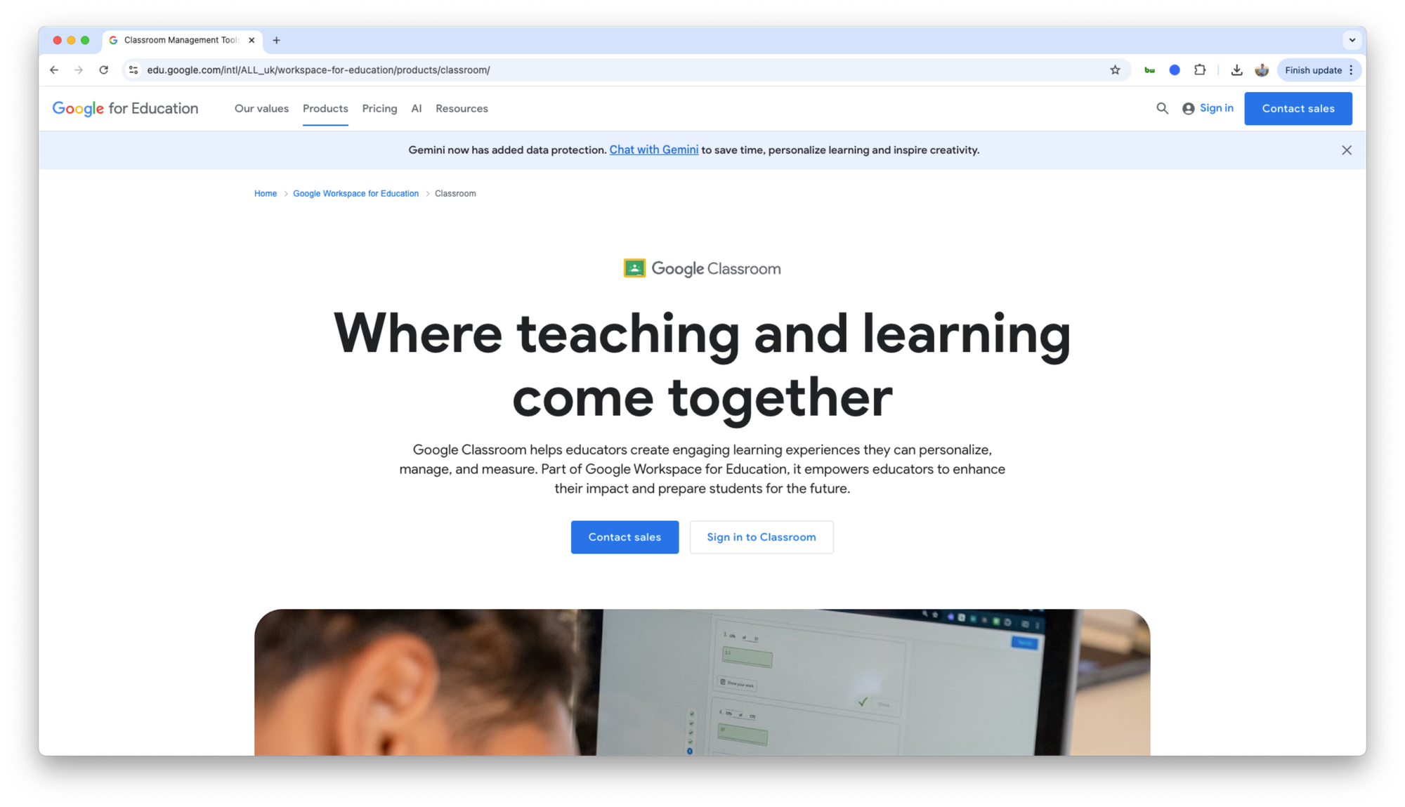 Screenshot of Google Classroom website