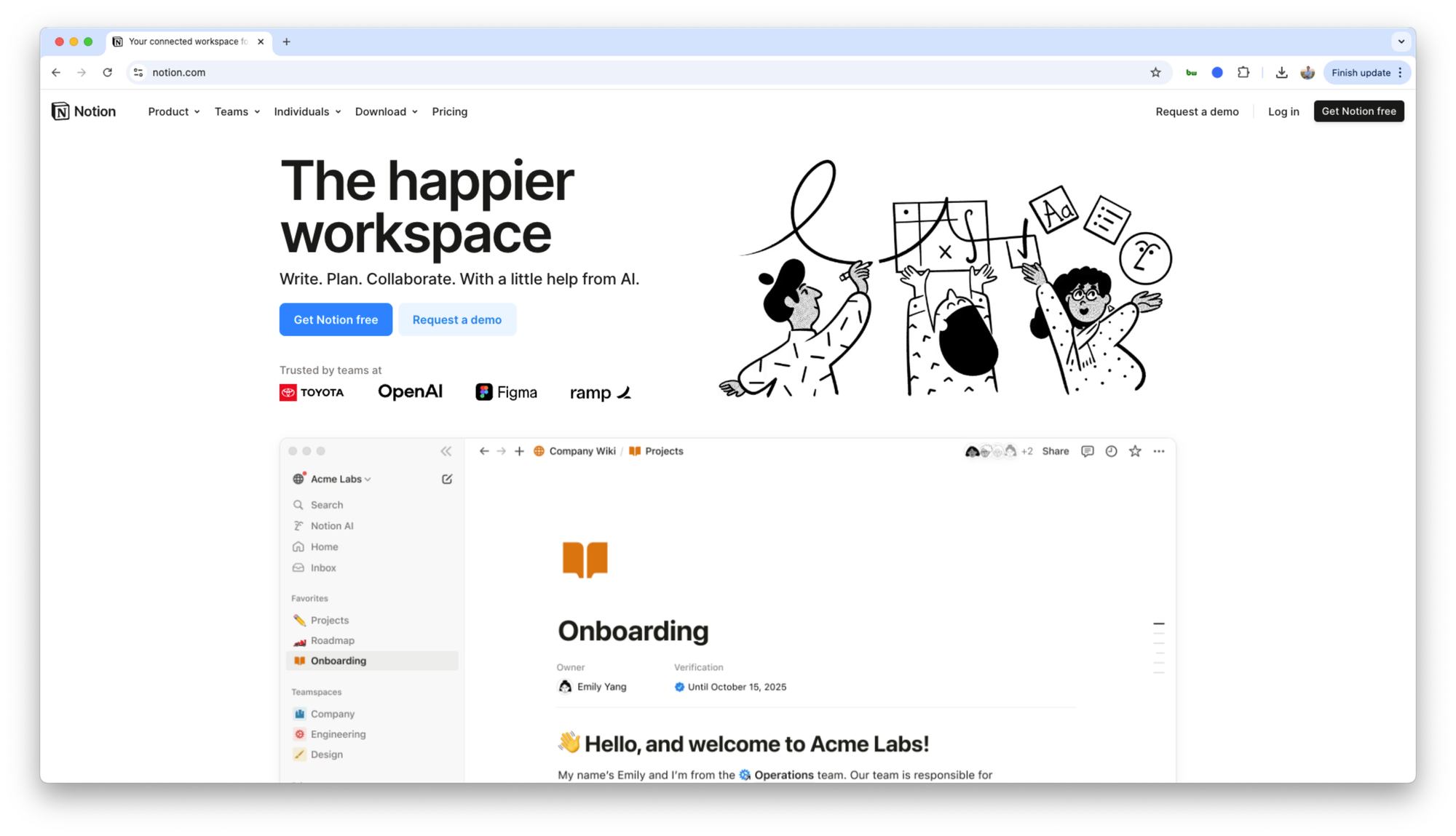 Screenshot of Notion homepage