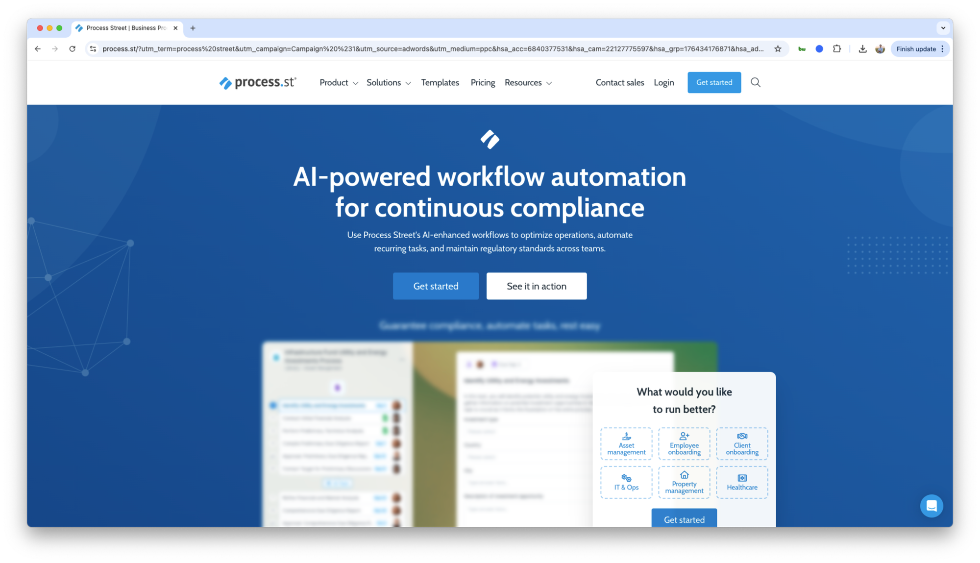 Process Street homepage highlighting AI-powered process management