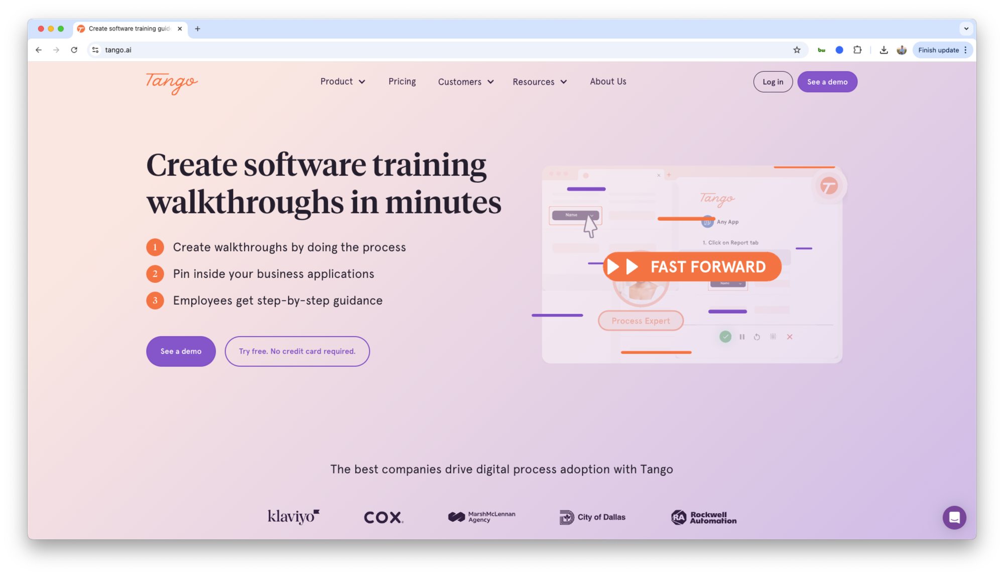 Screenshot of Tango homepage