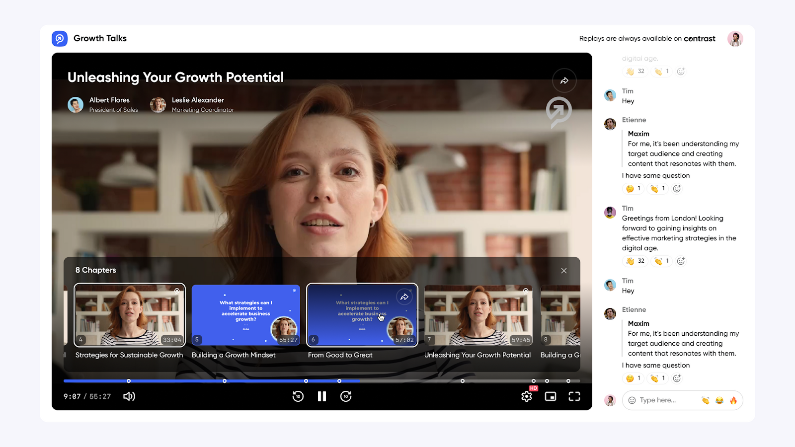 Screenshot of Contrast's video player showing chapter and a live chat