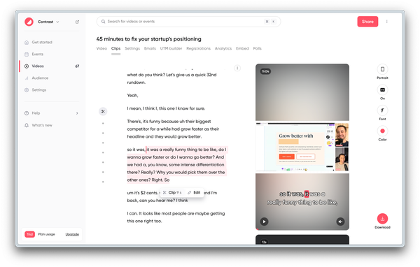 Select a part of the transcript to create clips with subtitles in your brand color