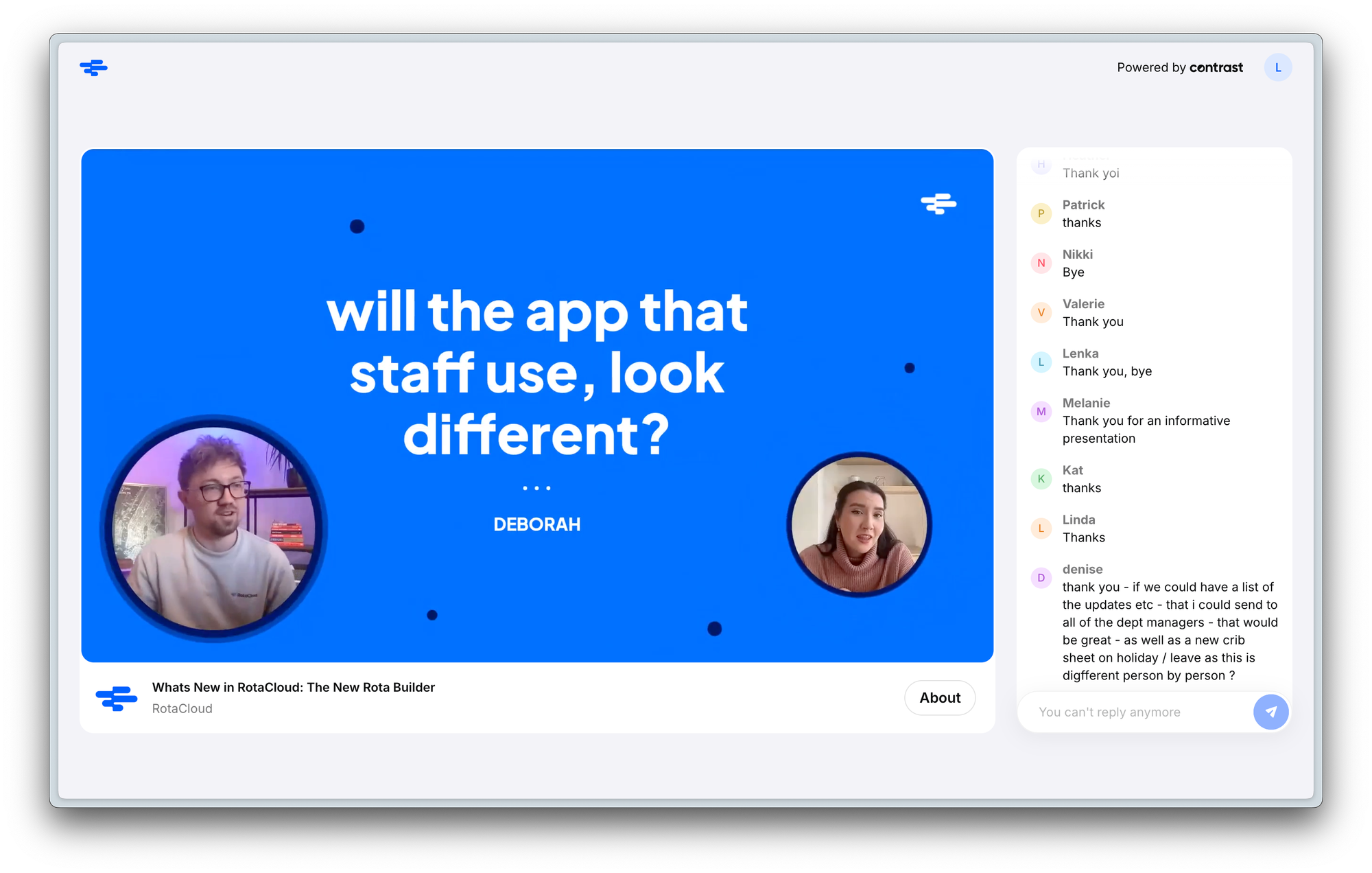 Screenshot of a webinar that shows two people, the chat and a question from the audience