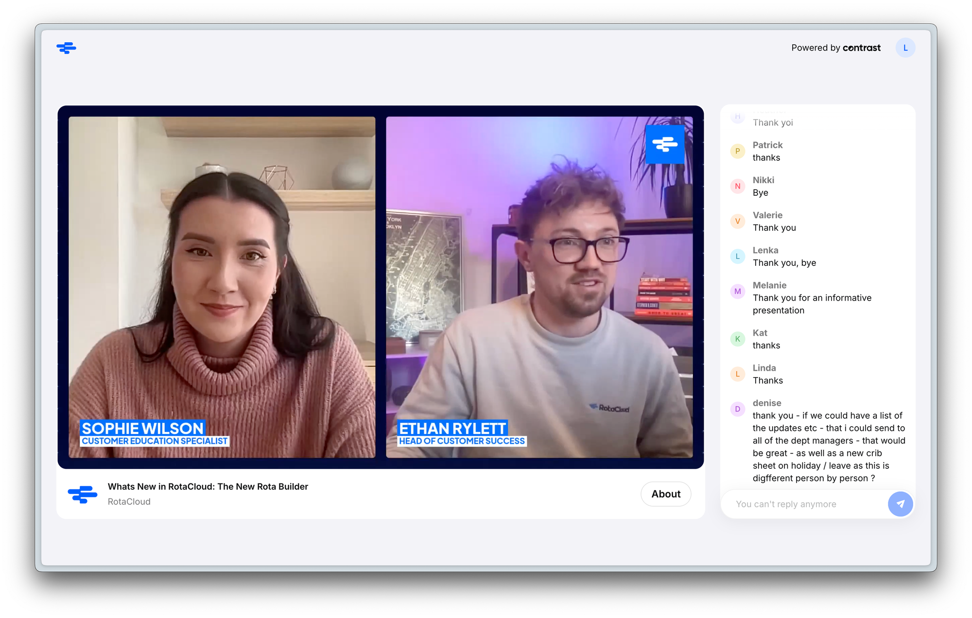 Screenshot that shows two people during a live webinar