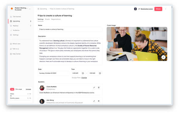 Contrast's easy-to-use interface allows you to setup a webinar in just a few clicks