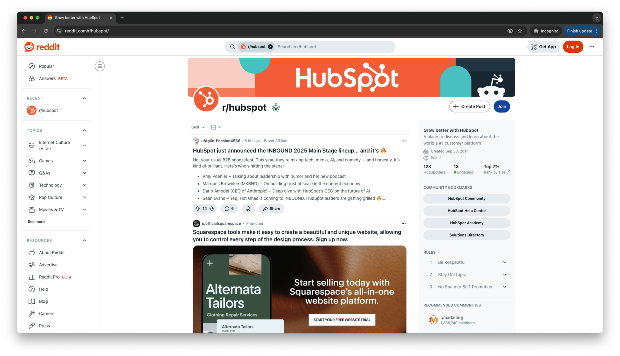 Image showing the HubSpot reddit community