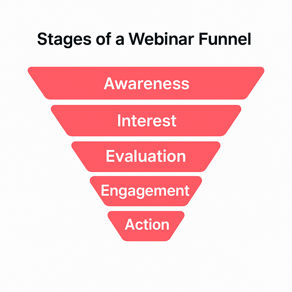 Funnel showing the five stages for webinars