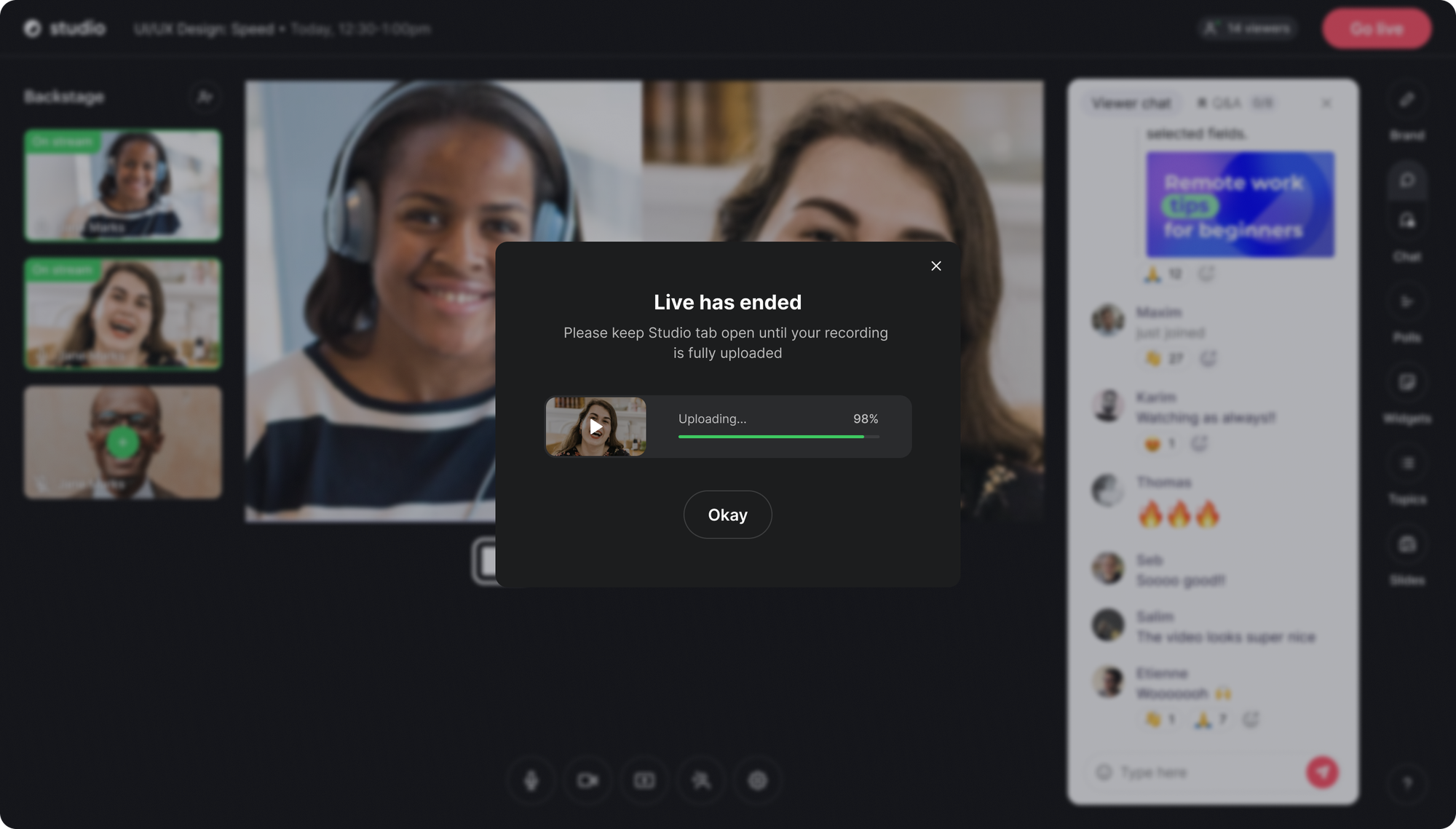 Screenshot of Contrast's webinar studio with local recording built in