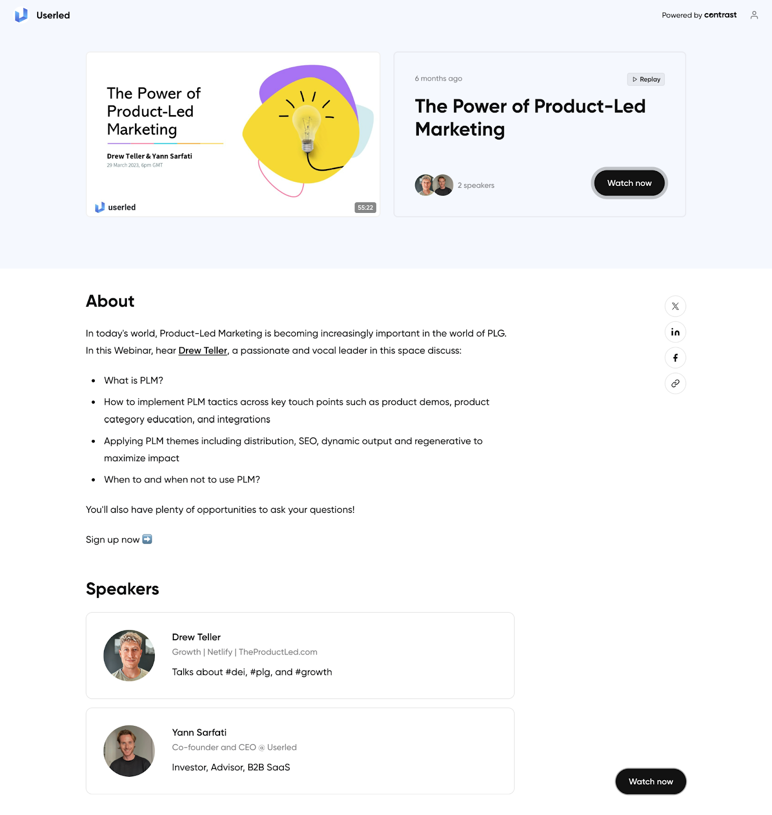 A webinar registration page build on Contrast by Userled