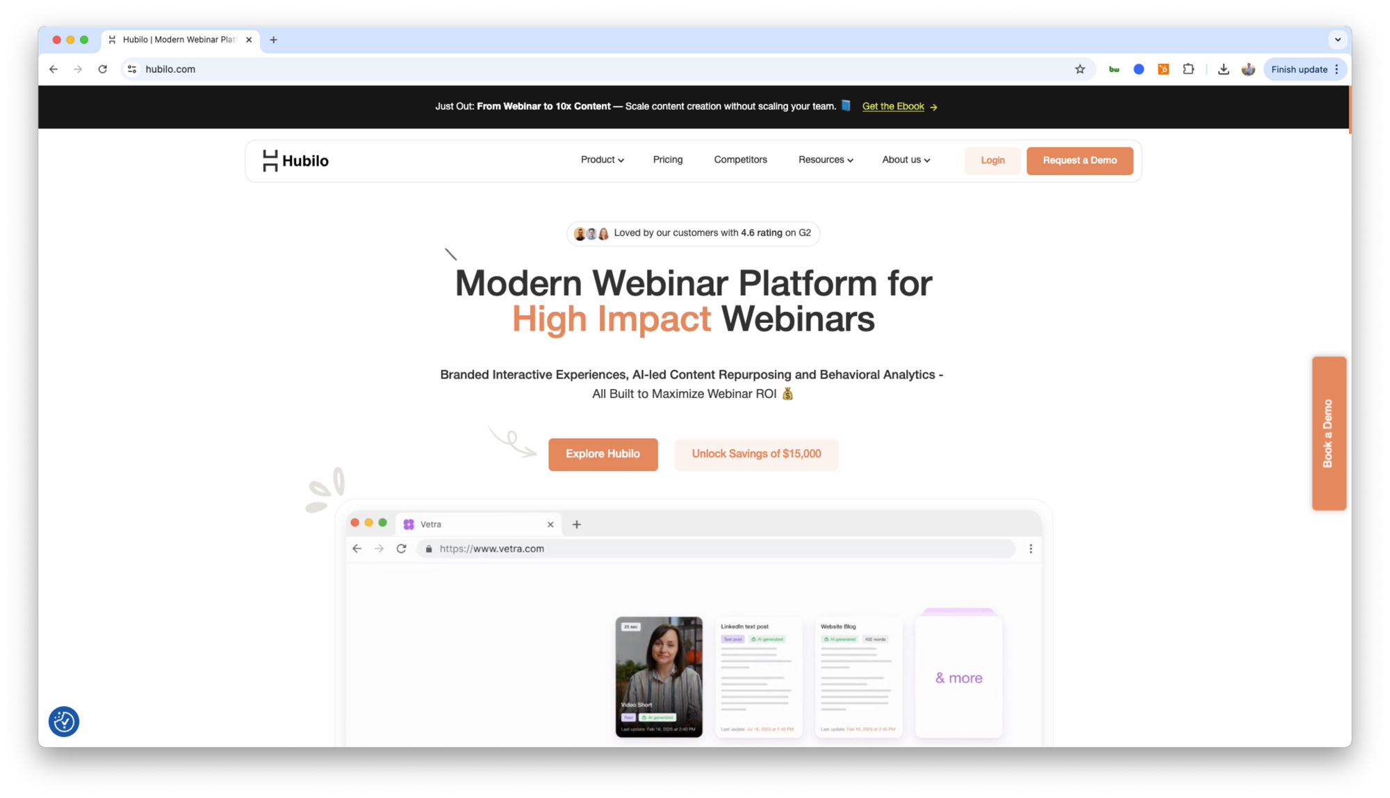 Screenshot of Hubilo homepage