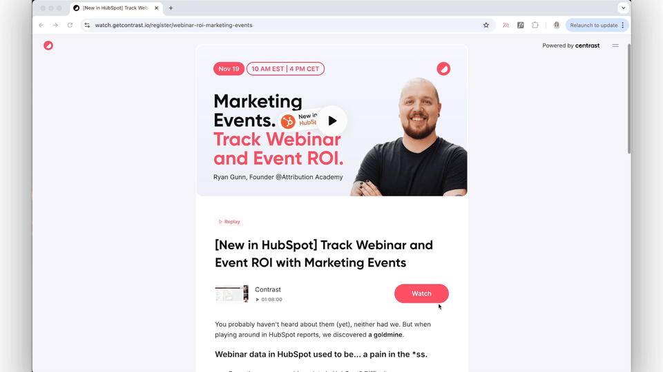 ANimation from a gated webinar recording on Contrast, showing the registration page with an email field to register to watch the replay.