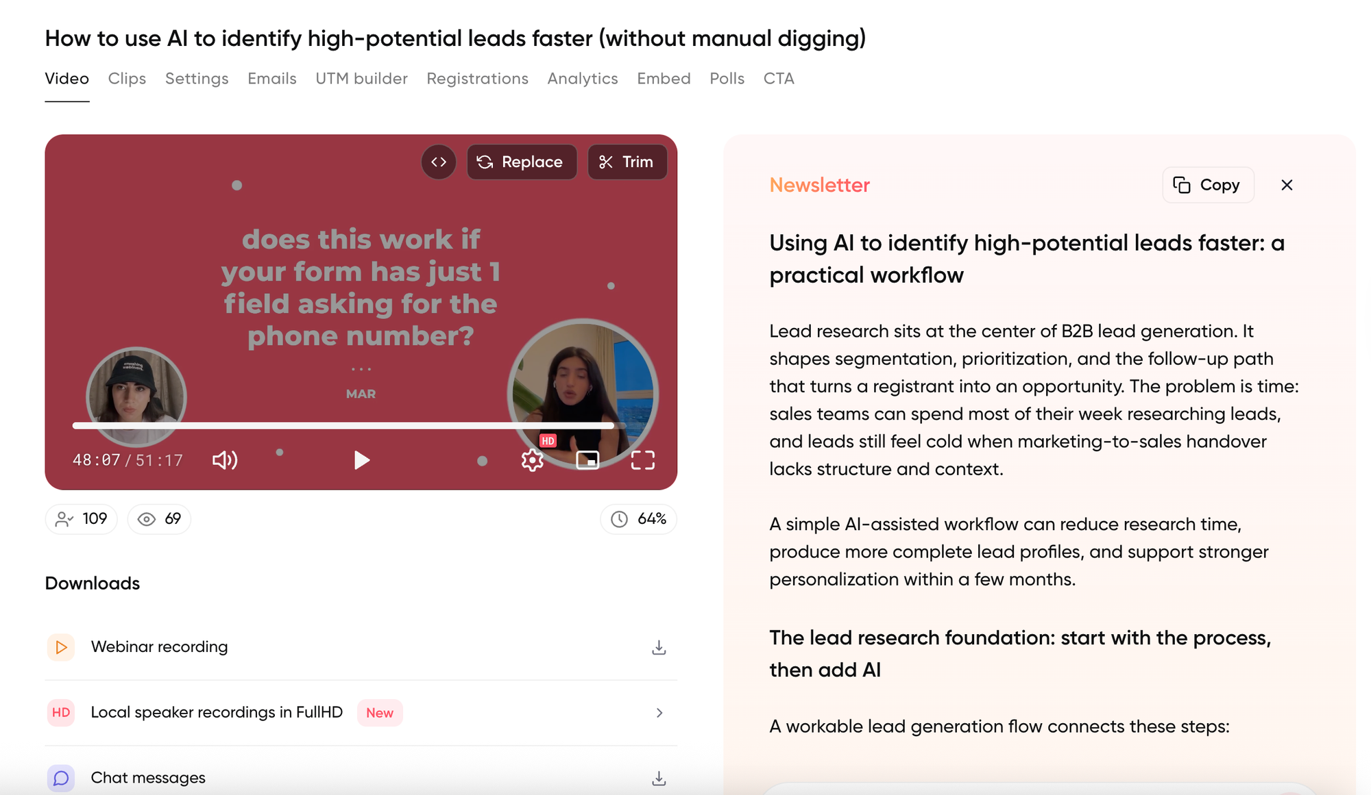 Screenshot from Contrast's admin dashboard turning a webinar into a newsletter with one click