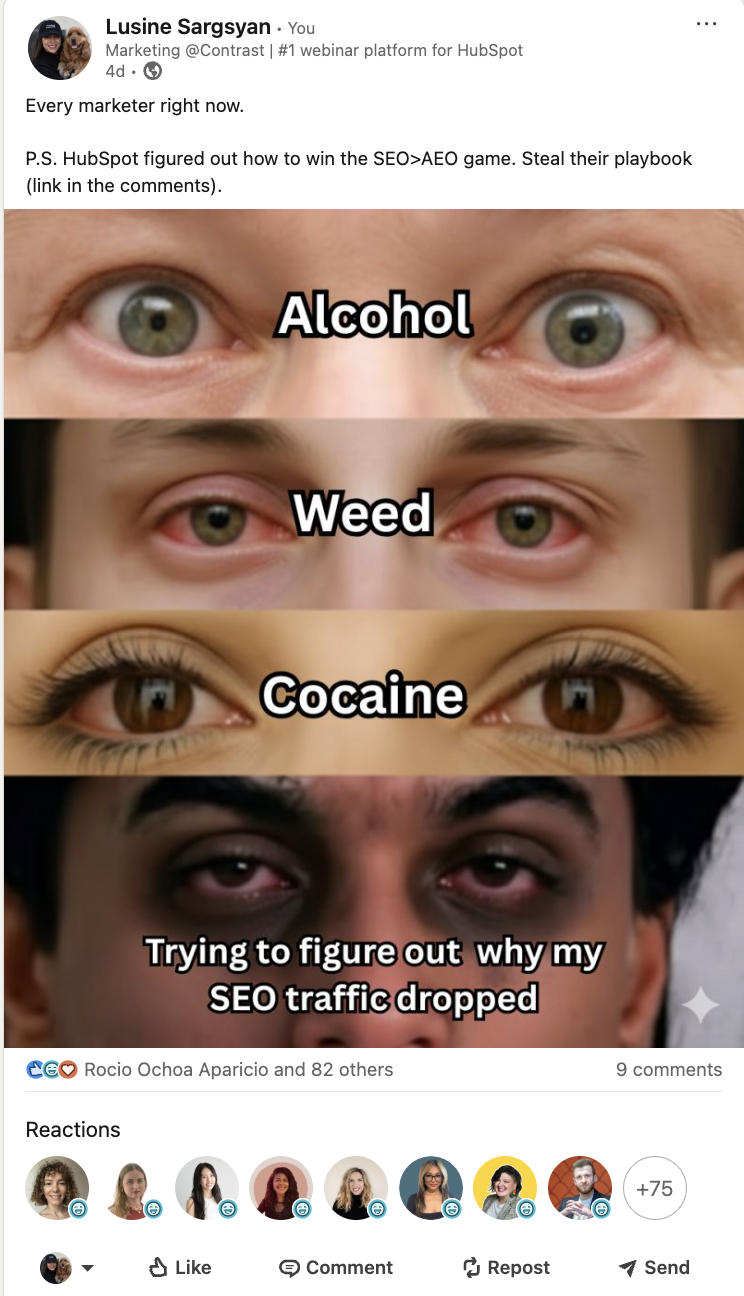 Screenshot of a post from LinkedIn promoting a webinar through a meme