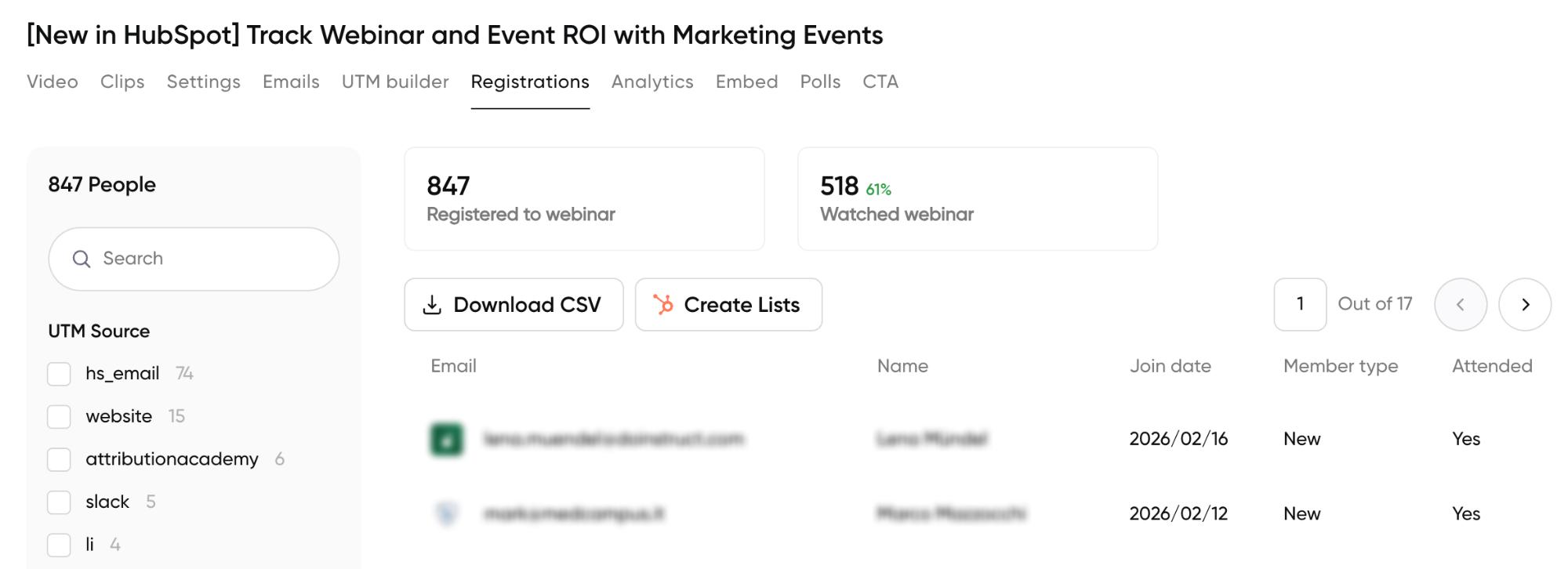 Screenshot of a Contrast interface showing webinar registration stats. 847 registered, 518 attended. Options to download CSV or create lists. UTM source and attendee details are visible.