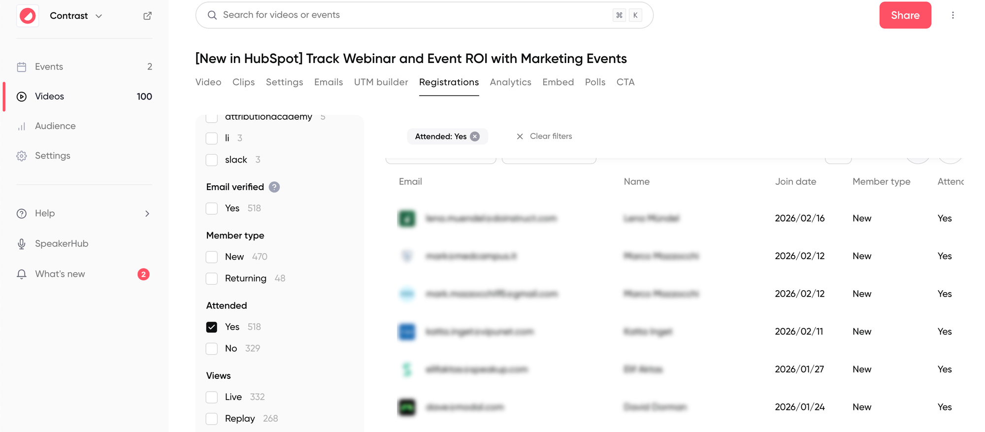 Contrast dashboard showing a registration list for a HubSpot event. Columns display email, name, join date, member type, and attendance status.
