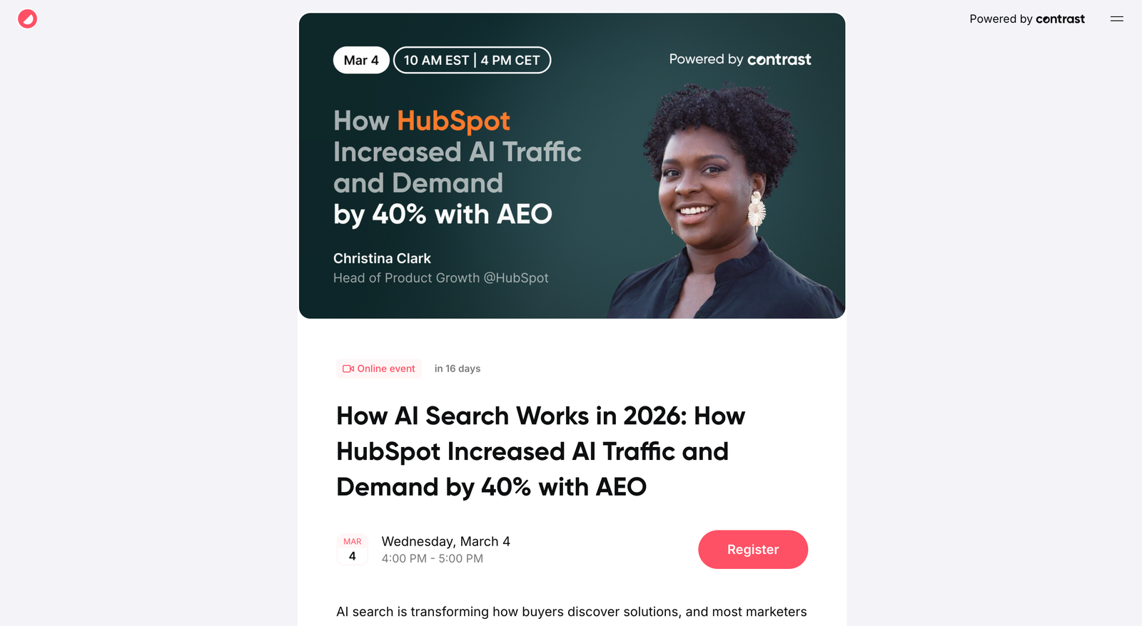 Webinar promotion for 'How HubSpot Increased AI Traffic and Demand by 40% with AEO,' featuring a speaker and event details for March 4.
