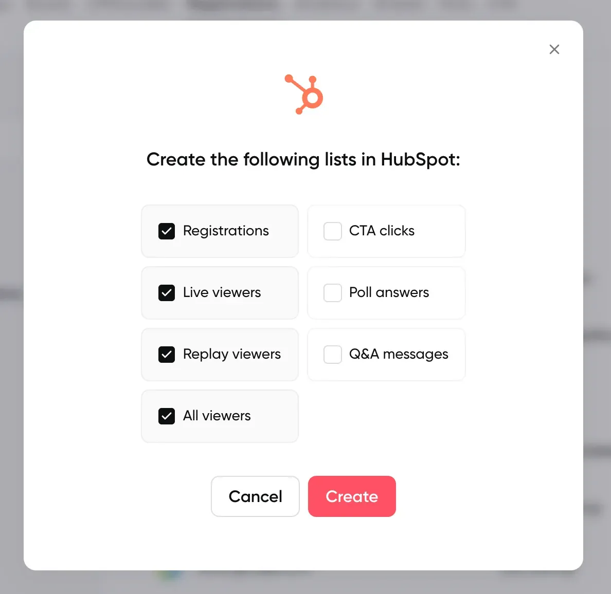 modal showing how to create lists directly inside of HubSpot when integrated with HubSpot