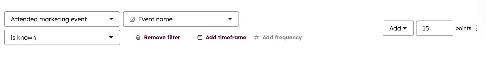 screenshot showing how to add 15 points for lead scoring in HubSpot