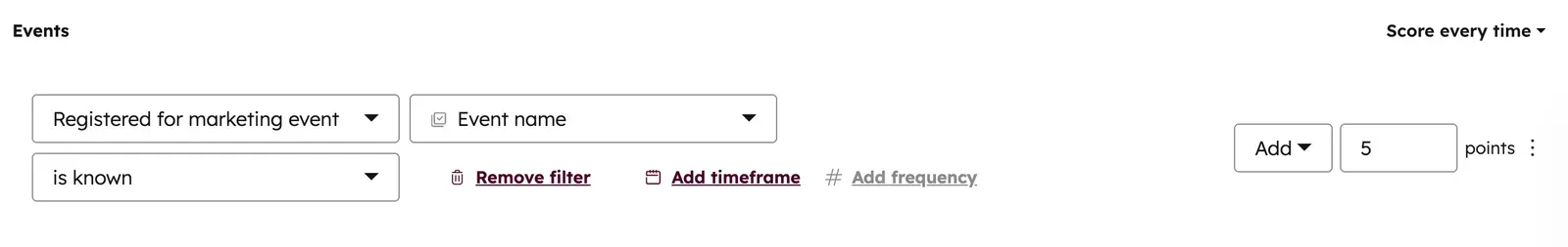 screenshot showing how to add 5 points for lead scoring in HubSpot
