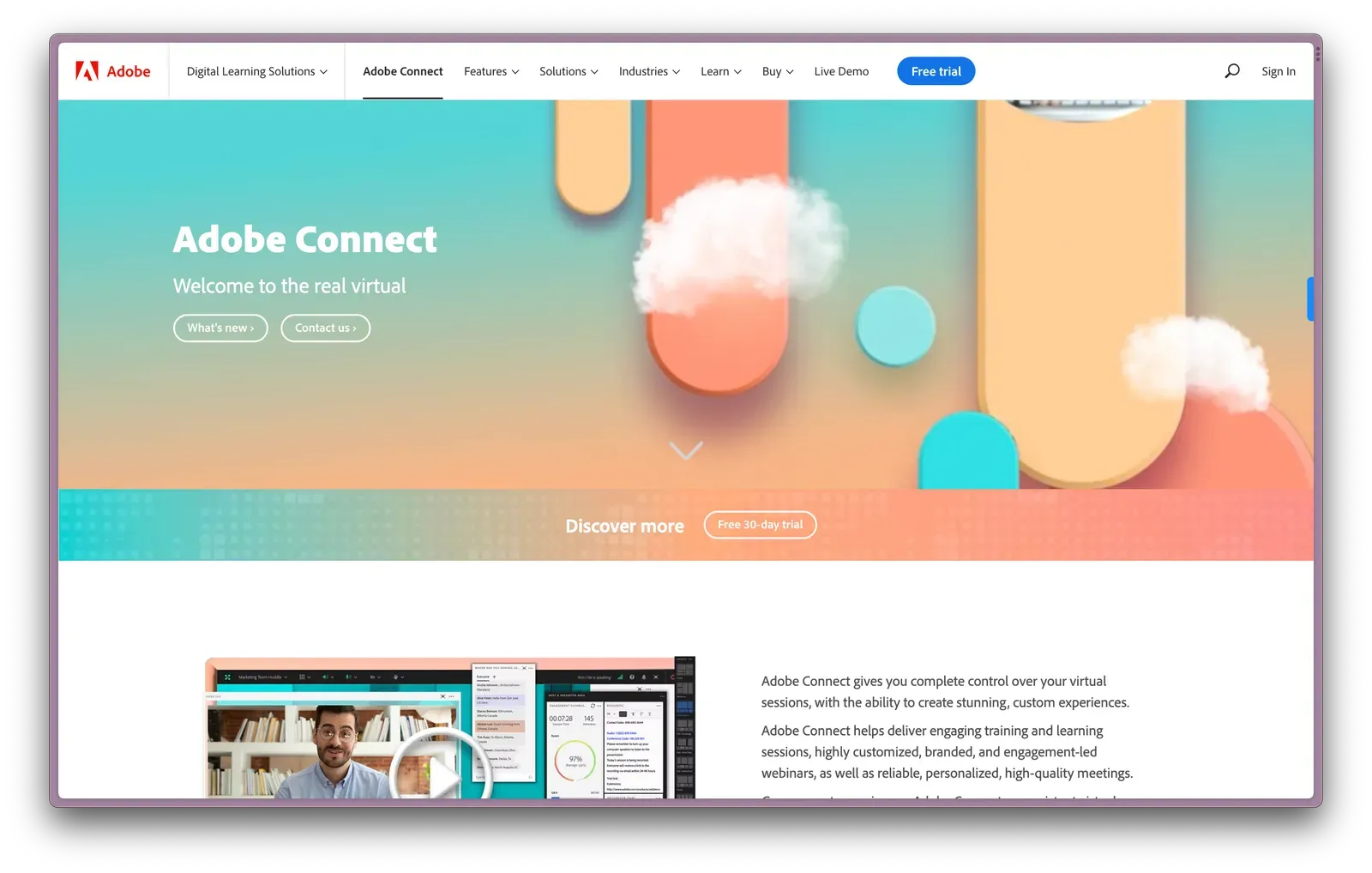 Adobe Connect homepage, a Cvent alternative for small webinars and educational events