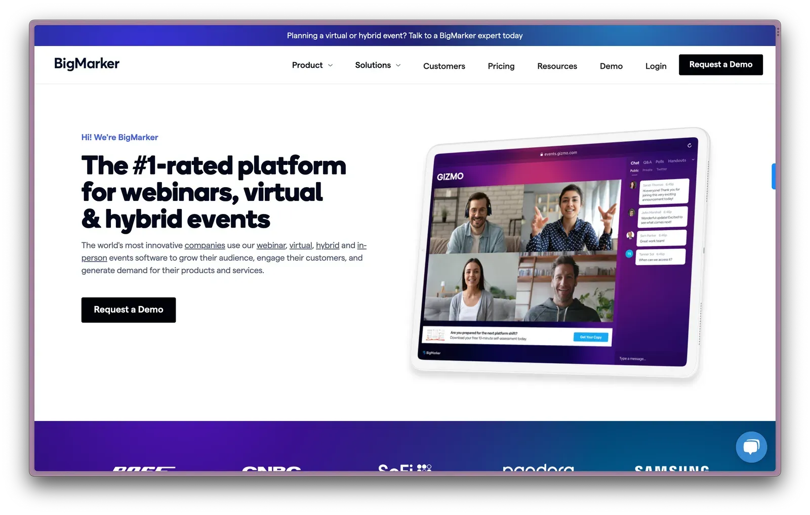 BigMarker homepage, a customizable Cvent alternative for branded webinars and virtual events