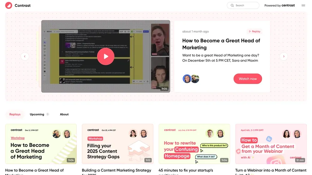 Image showing you can create a video directory for your webinars using Contrast's channel feature