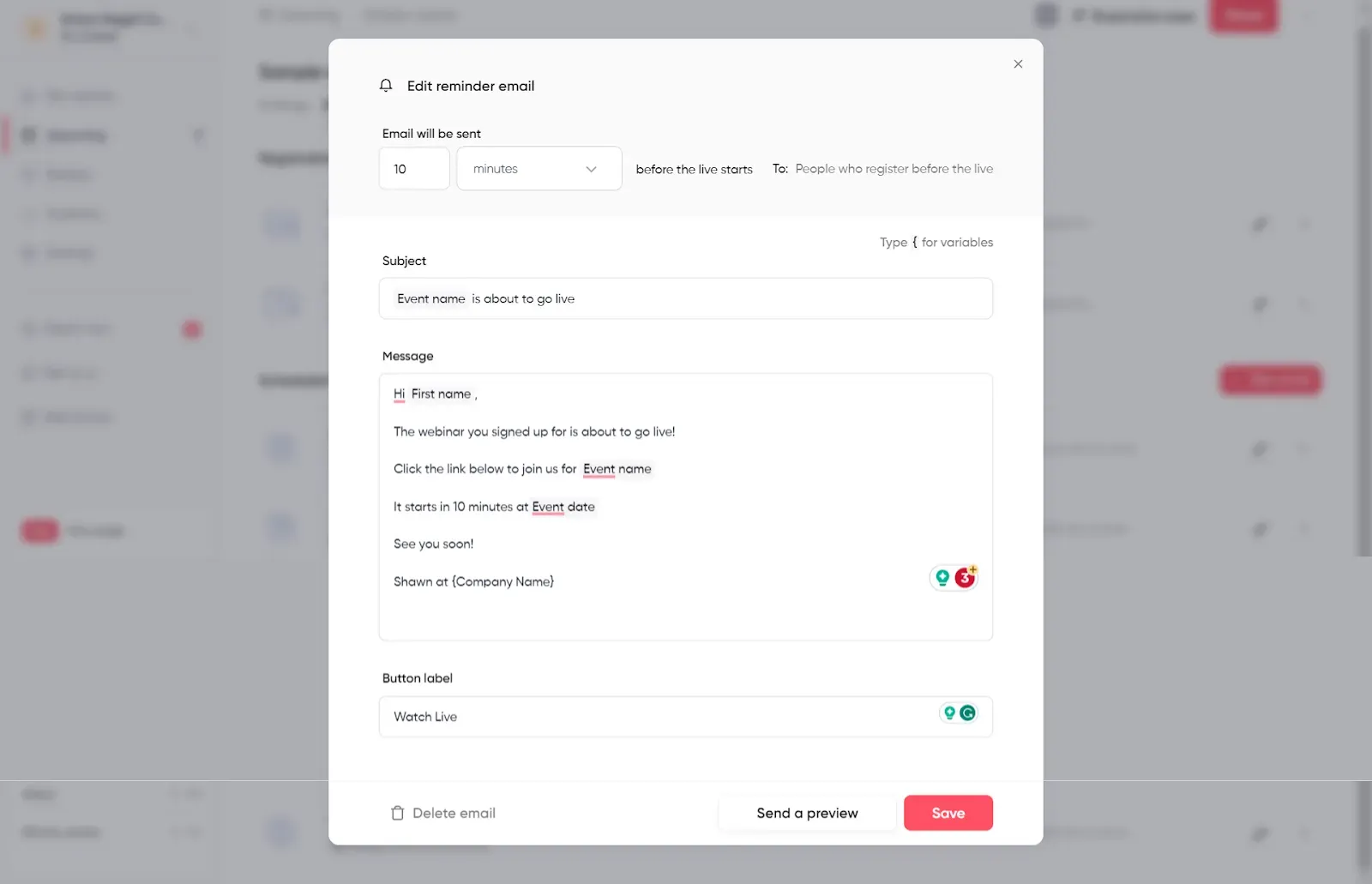Screenshot from Contrast's Reminder email