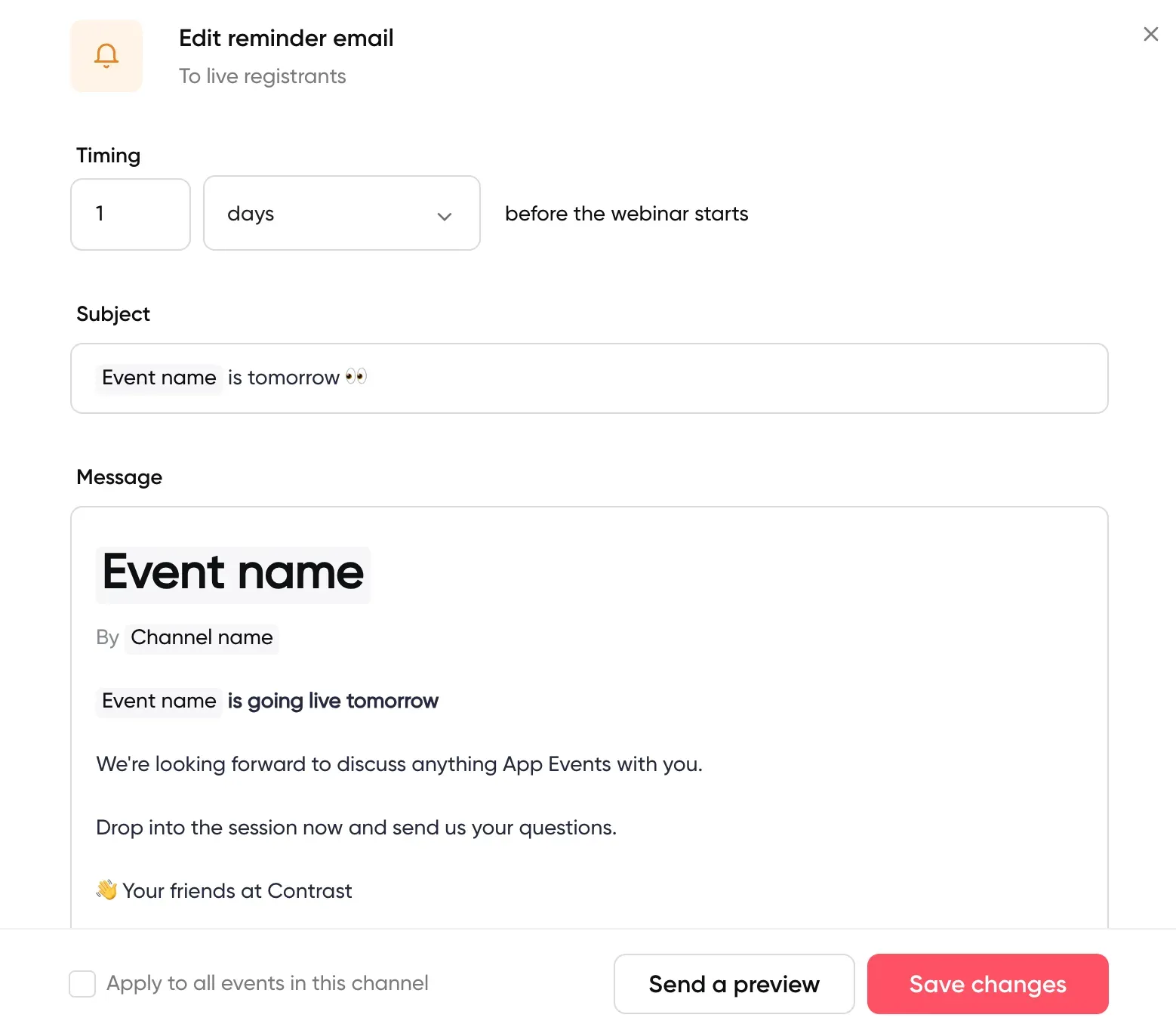 Screenshot of Contrast's email editor for webinars